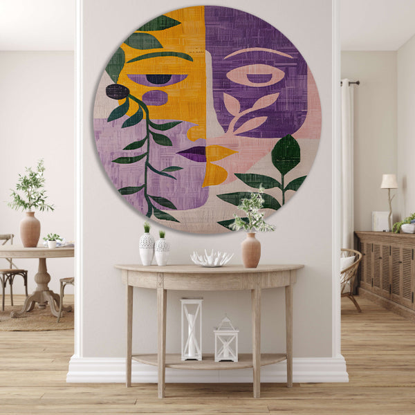 Abstracte gezichten met bladeren in kleur aluminium muurcirkel