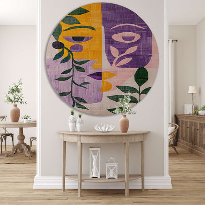 Abstracte gezichten met bladeren in kleur aluminium muurcirkel