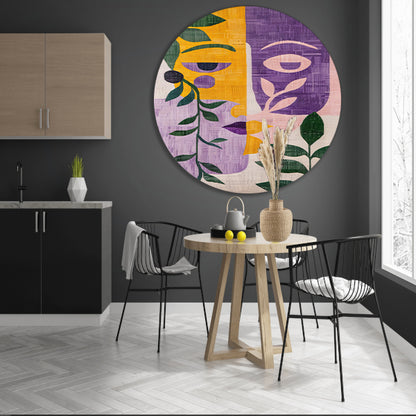 Abstracte gezichten met bladeren in kleur aluminium muurcirkel