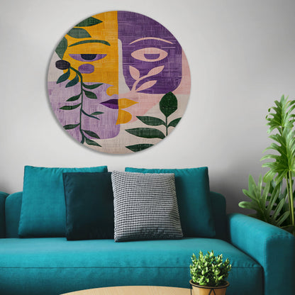 Abstracte gezichten met bladeren in kleur aluminium muurcirkel