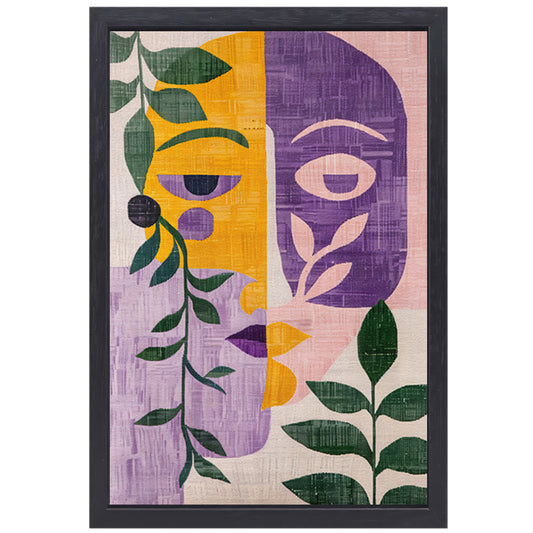 Abstracte gezichten met bladeren in kleur canvas met baklijst