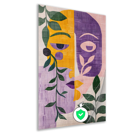 Abstracte gezichten met bladeren in kleur poster