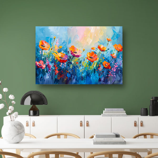 Abstract kleurrijk bloemenveld schilderij op canvas canvas