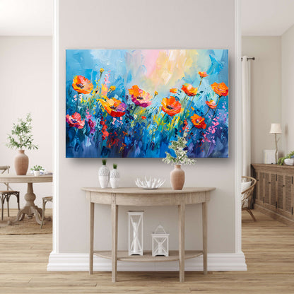Abstract kleurrijk bloemenveld schilderij op canvas acrylglas
