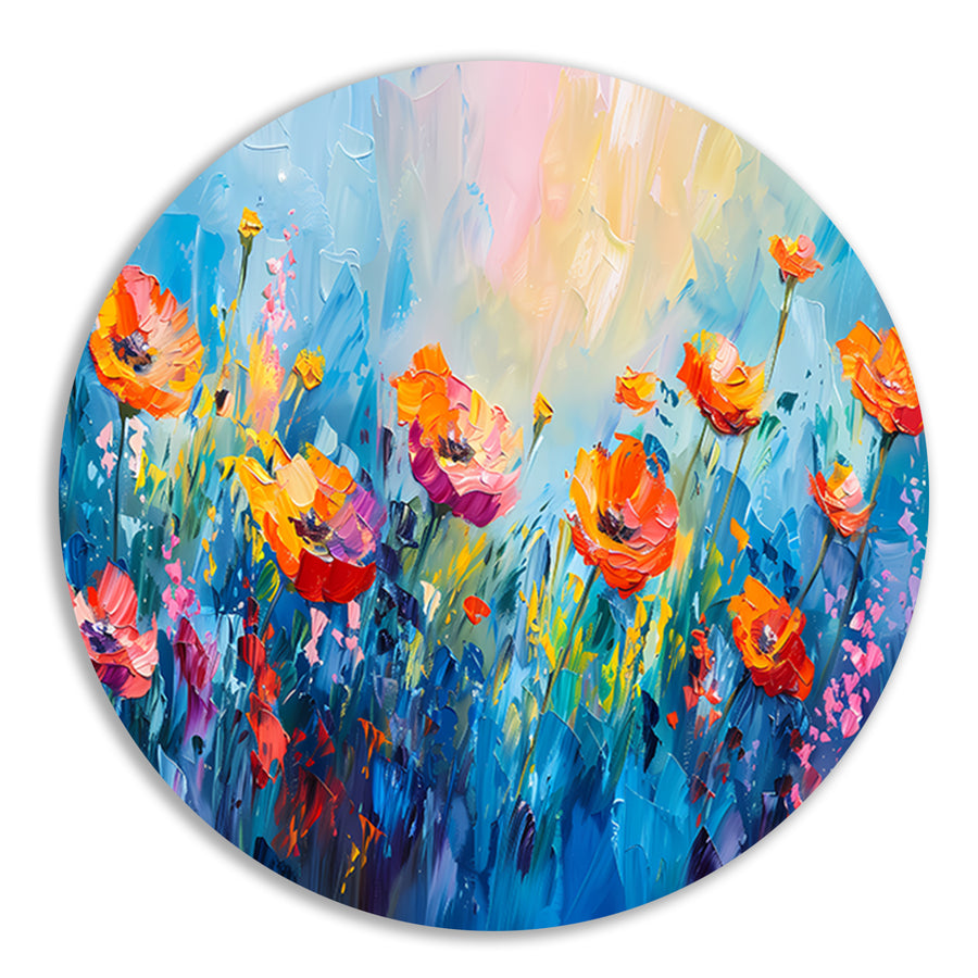 Abstract kleurrijk bloemenveld schilderij aluminium muurcirkel