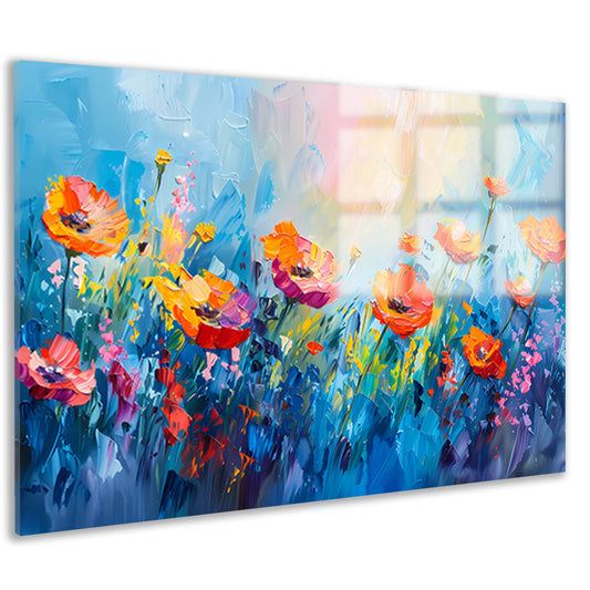 Abstract kleurrijk bloemenveld schilderij op canvas acrylglas