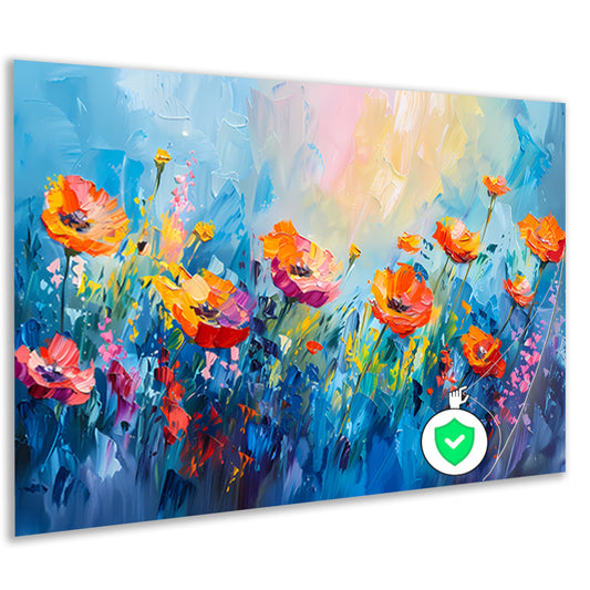 Abstract kleurrijk bloemenveld schilderij op canvas poster