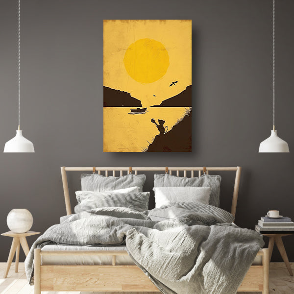 Silhouet van Muis met Gitaar bij Zonsondergang poster