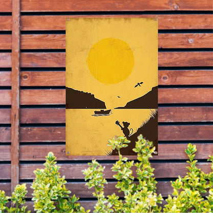 Silhouet van Muis met Gitaar bij Zonsondergang tuinposter