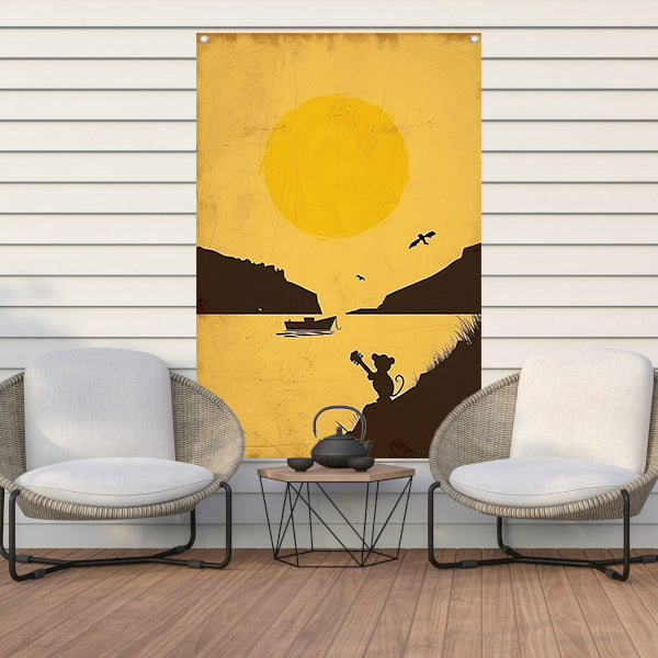 Silhouet van Muis met Gitaar bij Zonsondergang tuinposter