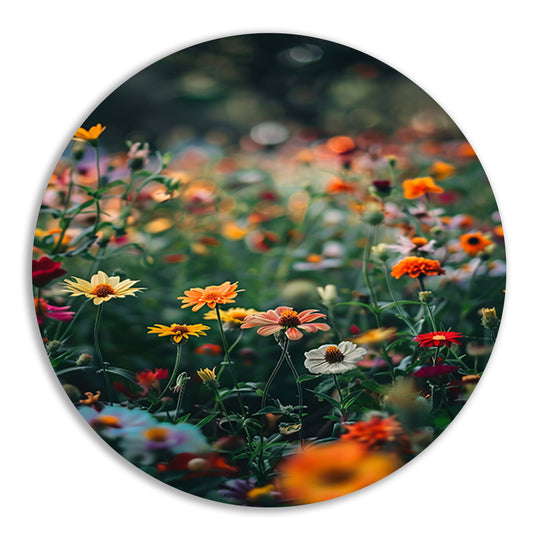 Kleurrijk Bloemenveld in Zomerzon aluminium muurcirkel