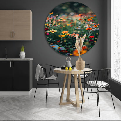 Kleurrijk Bloemenveld in Zomerzon aluminium muurcirkel