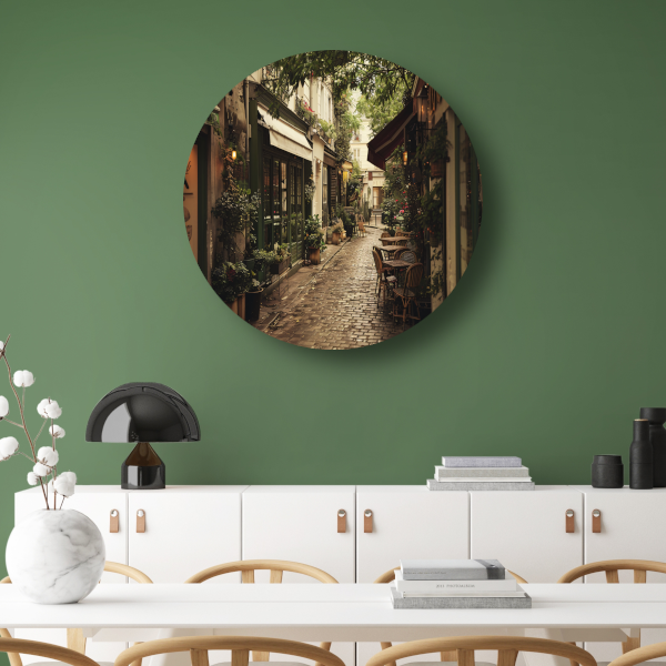 Modern terras met strakke lijnen aluminium muurcirkel