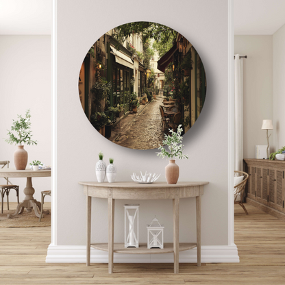 Modern terras met strakke lijnen aluminium muurcirkel