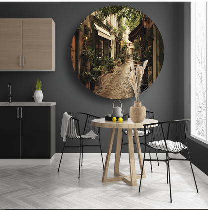 Modern terras met strakke lijnen aluminium muurcirkel