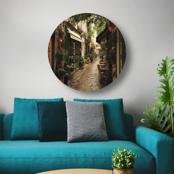 Modern terras met strakke lijnen aluminium muurcirkel