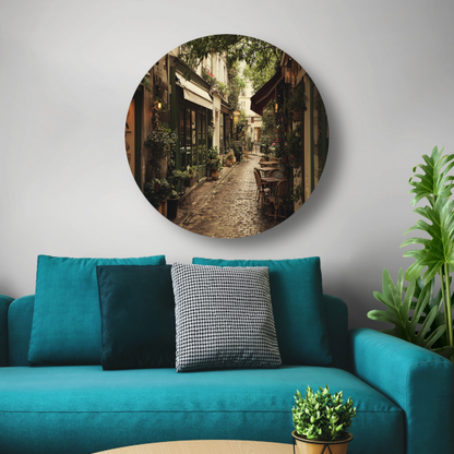 Modern terras met strakke lijnen aluminium muurcirkel