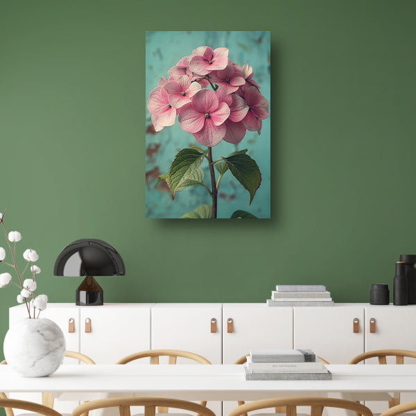 Close-up van Roze Hortensia met Turquoise Achtergrond canvas met baklijst