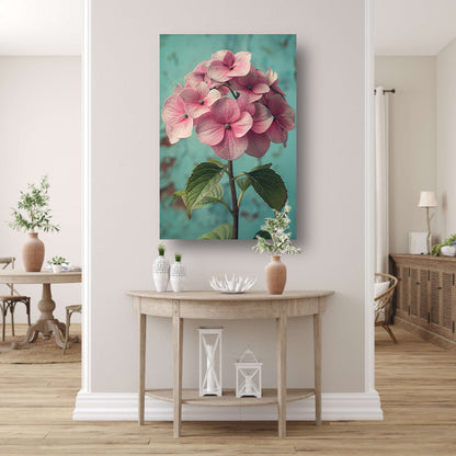 Close-up van Roze Hortensia met Turquoise Achtergrond canvas met baklijst