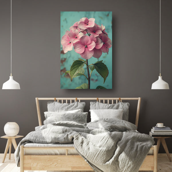 Close-up van Roze Hortensia met Turquoise Achtergrond canvas met baklijst