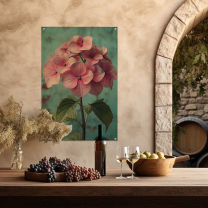 Close-up van Roze Hortensia met Turquoise Achtergrond tuinposter