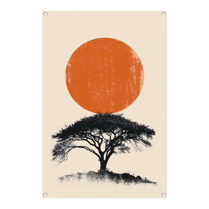 Minimale boom silhouet tegen oranje zon tuinposter