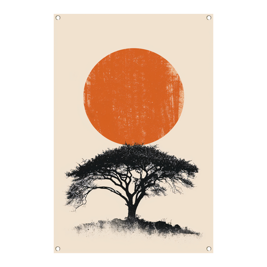 Minimale boom silhouet tegen oranje zon tuinposter