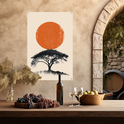 Minimale boom silhouet tegen oranje zon tuinposter