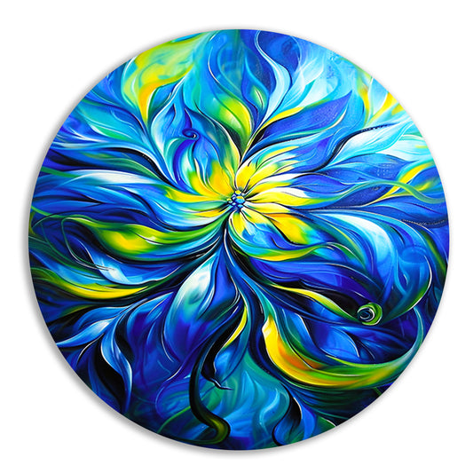Abstract schilderij met dynamische kleurencombinatie aluminium muurcirkel