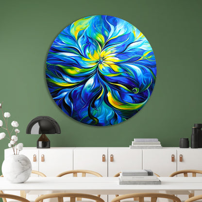 Abstract schilderij met dynamische kleurencombinatie aluminium muurcirkel