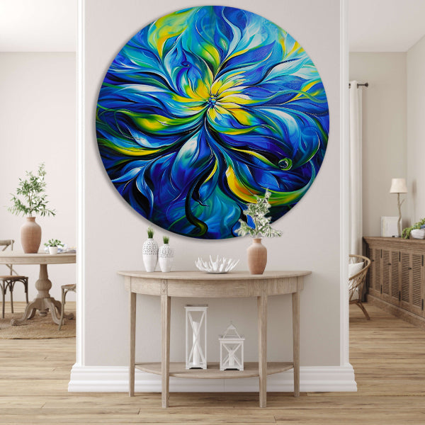 Abstract schilderij met dynamische kleurencombinatie aluminium muurcirkel