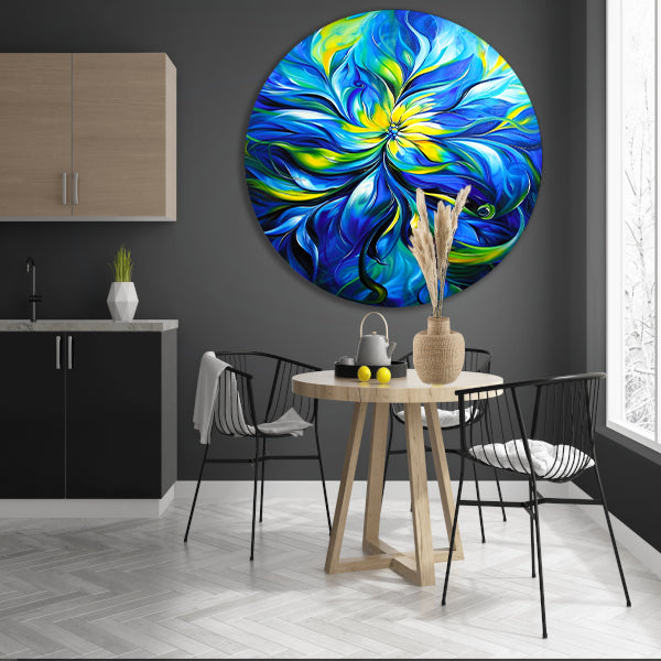 Abstract schilderij met dynamische kleurencombinatie aluminium muurcirkel