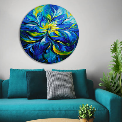Abstract schilderij met dynamische kleurencombinatie aluminium muurcirkel