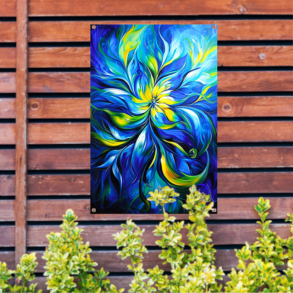 Abstract schilderij met dynamische kleurencombinatie tuinposter