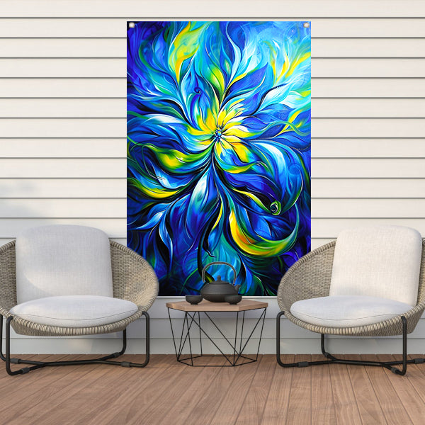 Abstract schilderij met dynamische kleurencombinatie tuinposter