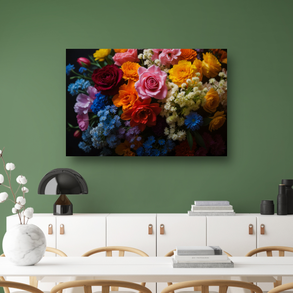 Prachtig Kleurrijk Bloemenarrangement op Zwart canvas met baklijst