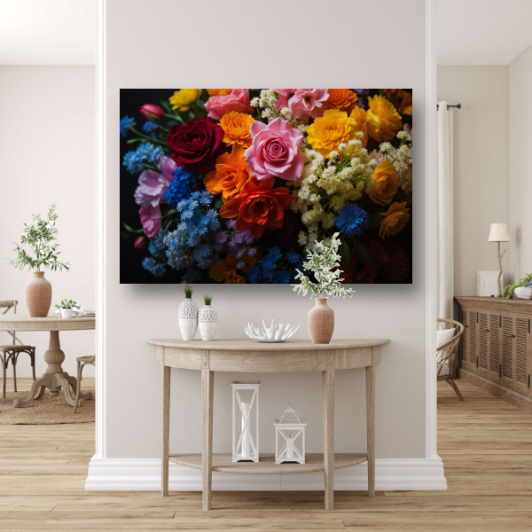 Prachtig Kleurrijk Bloemenarrangement op Zwart canvas met baklijst