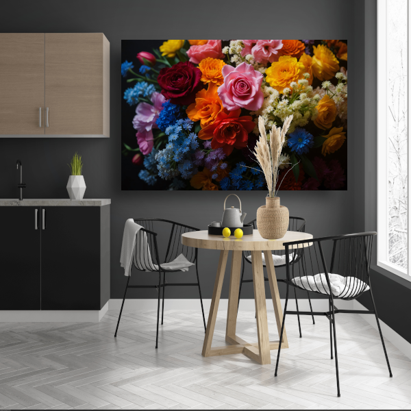 Prachtig Kleurrijk Bloemenarrangement op Zwart canvas met baklijst