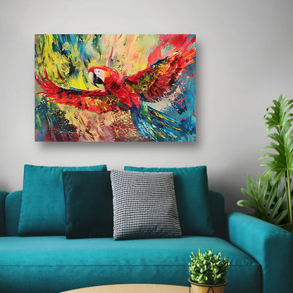 Kleurrijke abstracte schilderij van een papegaai canvas met baklijst