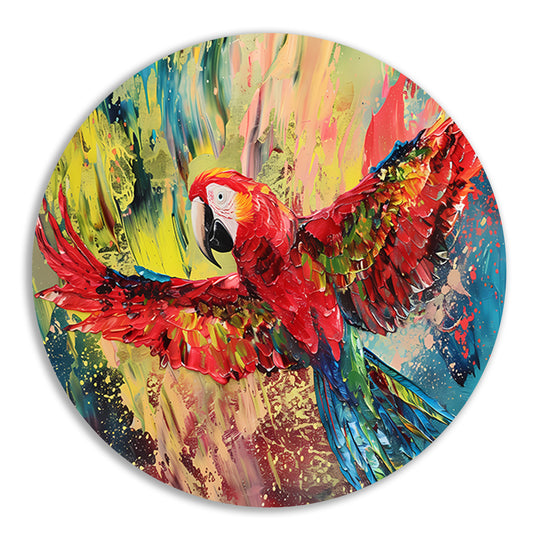 Kleurrijke abstracte schilderij van een papegaai aluminium muurcirkel