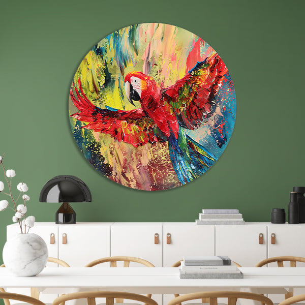 Kleurrijke abstracte schilderij van een papegaai aluminium muurcirkel