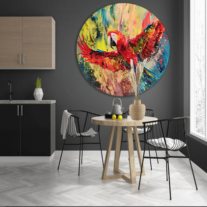 Kleurrijke abstracte schilderij van een papegaai aluminium muurcirkel