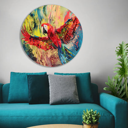 Kleurrijke abstracte schilderij van een papegaai aluminium muurcirkel