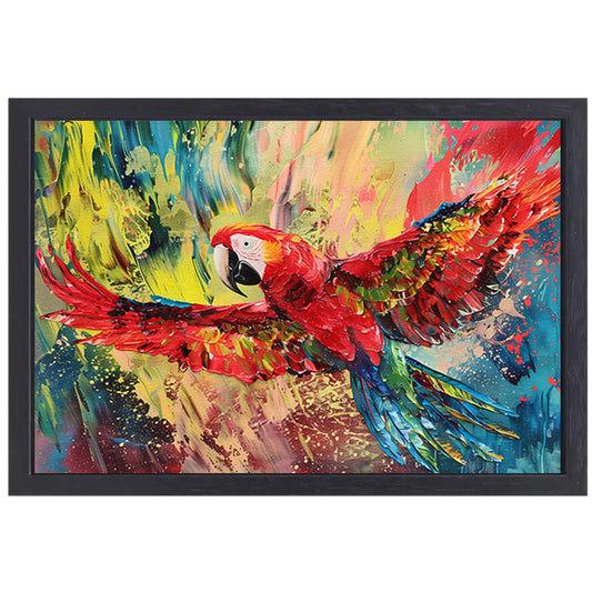 Kleurrijke abstracte schilderij van een papegaai canvas met baklijst