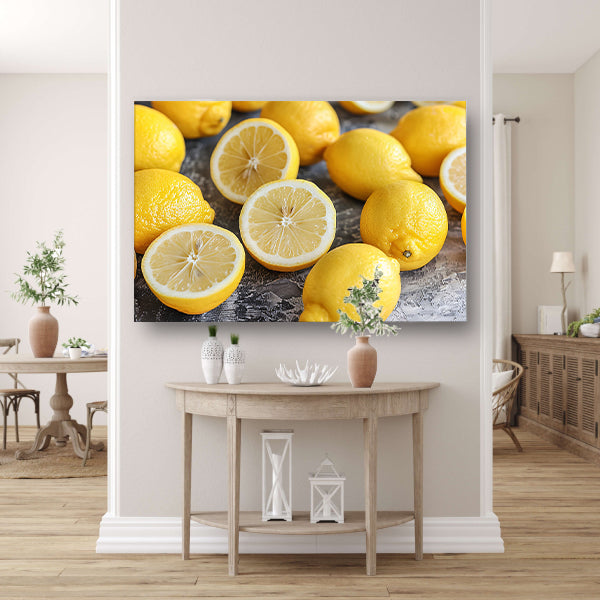 Citroenen stilleven op houten tafel canvas met baklijst