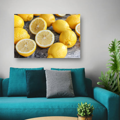 Citroenen stilleven op houten tafel canvas met baklijst