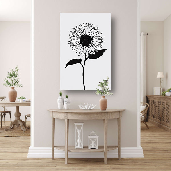 Minimalistische zwarte lijn zonnebloem kunst canvas met baklijst