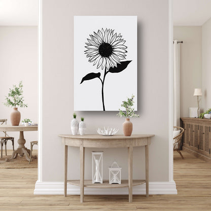 Minimalistische zwarte lijn zonnebloem kunst canvas met baklijst