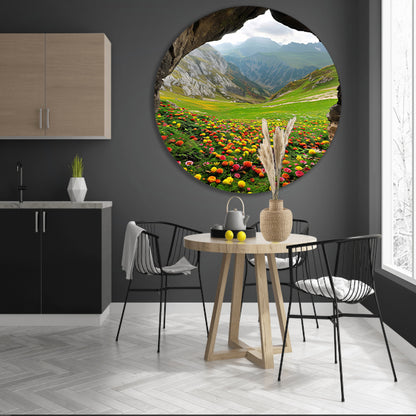 Kleurrijke bloemenzee in berglandschap forex muurcirkel
