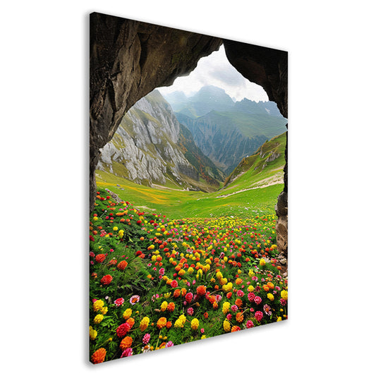 Kleurrijke bloemenzee in berglandschap canvas